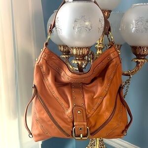 Pursuits LTD Genuine Leather Cognac Studded Hobo Shoulder Bag Buckle Zip Accent